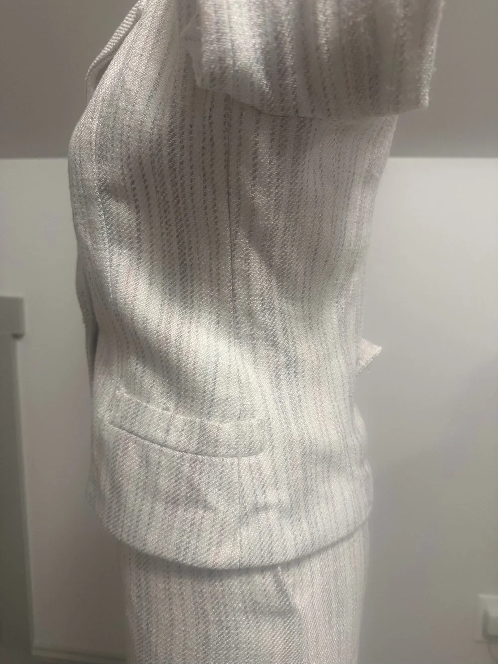 Christian Dior Vintage Petites Skirt Suit Set White Textured Striped Blazer Sz2